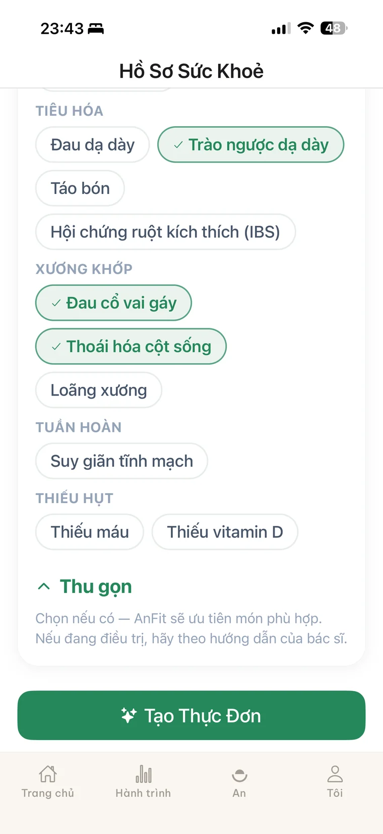 Màn hình tùy chỉnh tình trạng sức khỏe để tạo thực đơn