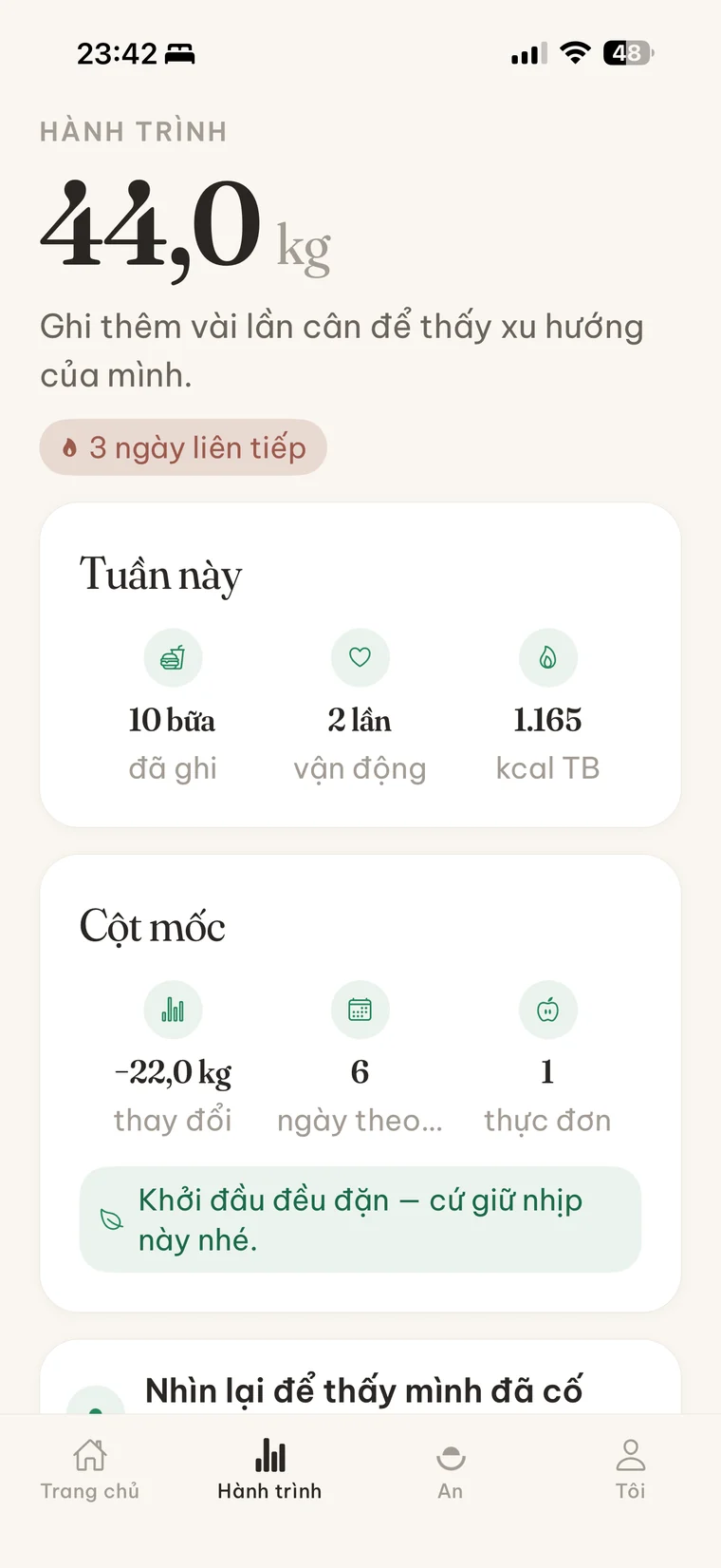 Màn hình hành trình AnFit hiển thị cân nặng và thống kê tuần